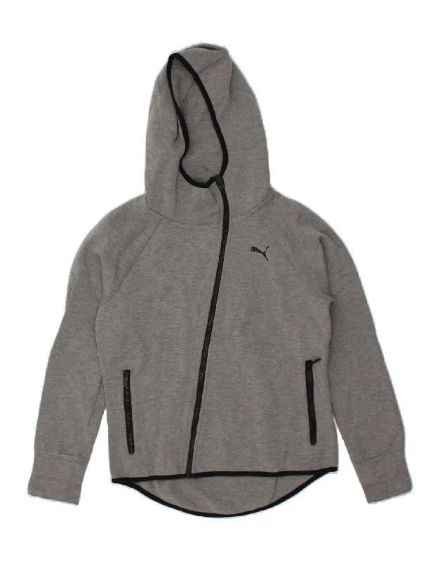 PUMA Womens Zip Hoodie Sweater UK 10 Small Grey Cotton Toggled Drawstring Belted