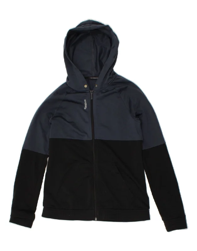 REEBOK Womens Zip Hoodie Sweater UK 8/10 Small Navy Blue Colourblock Denim Fabric Leather Fabric Suede Fabric REEBOK Womens Zip Hoodie Sweater UK 8/10 Small Navy Blue Colourblock Denim Fabric Leather Fabric Suede Fabric