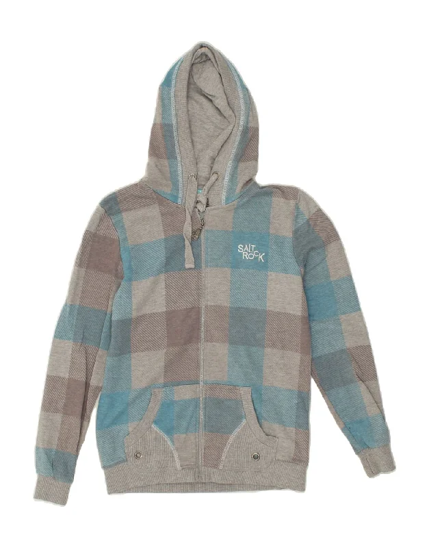 SALTROCK Womens Zip Hoodie Sweater UK 14 Large  Grey Check Cotton Soft Cozy Warm