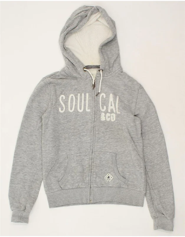 SOULCAL&CO Womens Graphic Zip Hoodie Sweater UK 12 Medium  Grey Cotton Ribbed Striped Patterned