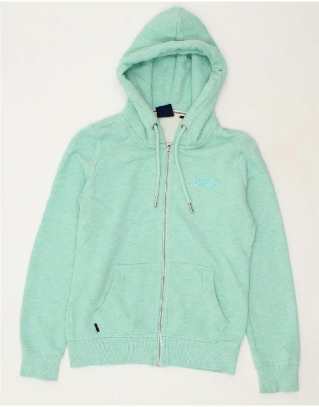 SUPERDRY Womens Zip Hoodie Sweater UK 10 Small Green Cotton Spandex Rayon Corduroy