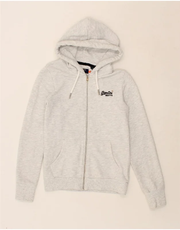 SUPERDRY Womens Zip Hoodie Sweater UK 10 Small Grey Cotton Embroidered Appliqued Beaded SUPERDRY Womens Zip Hoodie Sweater UK 10 Small Grey Cotton Embroidered Appliqued Beaded