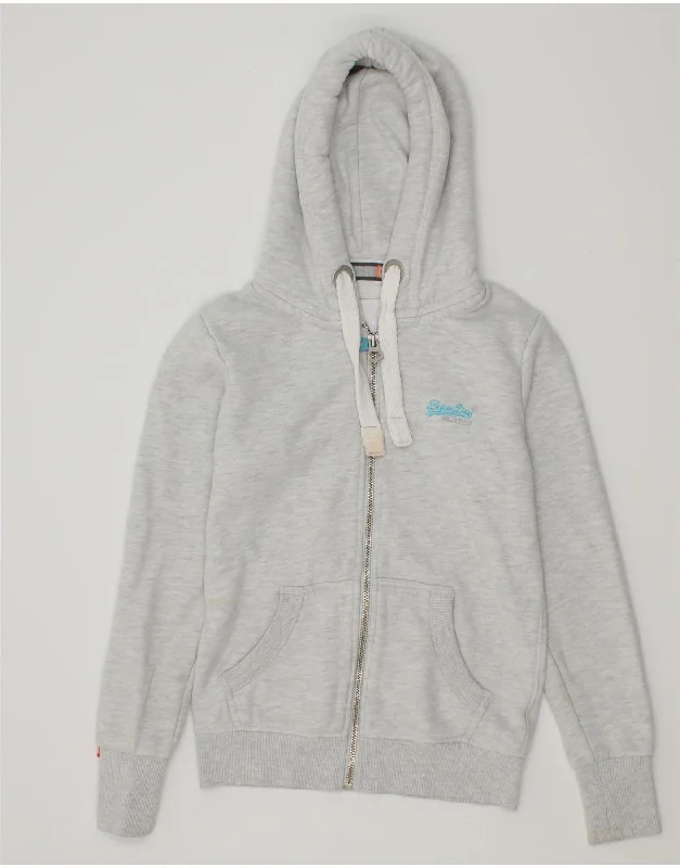 SUPERDRY Womens Zip Hoodie Sweater UK 10 Small Grey Cotton Oversized Loose Flowy