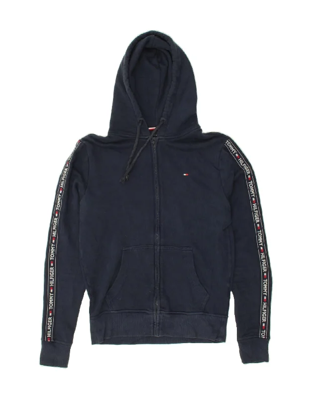 TOMMY HILFIGER Mens Graphic Zip Hoodie Sweater Small Navy Blue Cotton Beaded Sweater Sequined Faux Fur TOMMY HILFIGER Mens Graphic Zip Hoodie Sweater Small Navy Blue Cotton Beaded Sweater Sequined Faux Fur