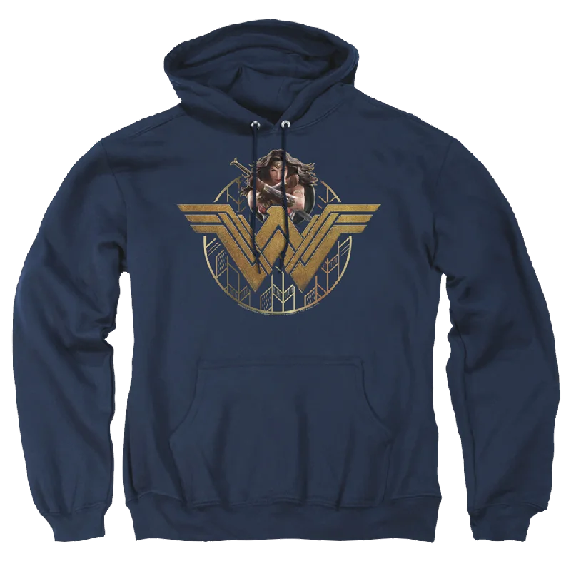 Wonder Woman Power Stance And Emblem Pullover Hoodie Notched Neck Pullover