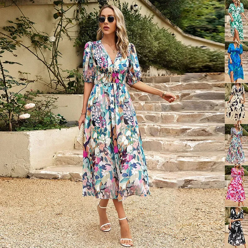 New V-neck Printed Short-sleeved Long Dress Summer Fashion Slim Seaside Vacation Beach Dresses For Women Clothing Tunics Evening elegant New V-neck Printed Short-sleeved Long Dress Summer Fashion Slim Seaside Vacation Beach Dresses For Women Clothing Tunics Evening elegant