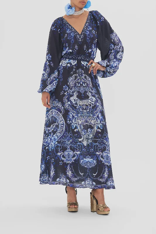 Raglan Shirred Waist Dress - Delft Dynasty Tunics Gym athletic