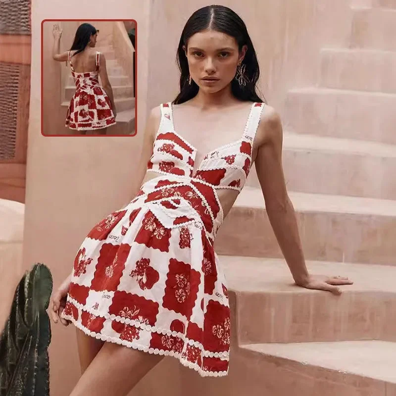 Women's Flower Print Lace Sling Dress Fashion V-neck Waist-baring Skirt Summer Clotjing Tunics Party sparkling Women's Flower Print Lace Sling Dress Fashion V-neck Waist-baring Skirt Summer Clotjing Tunics Party sparkling