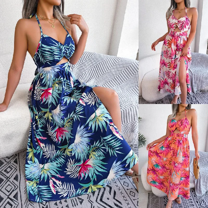 European And American Flower Sleeveless Cutout Sling Long Dress Holiday Beach Dress Tunics Essential wardrobe European And American Flower Sleeveless Cutout Sling Long Dress Holiday Beach Dress Tunics Essential wardrobe