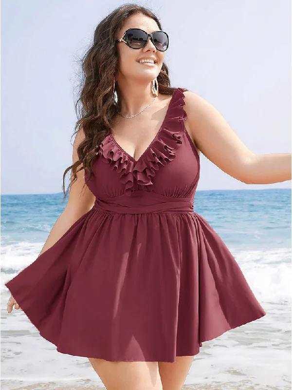 Ruffle Trim Adjustable Straps Gathered Sculpt Waist Swim Dress Tunics Trendy modern