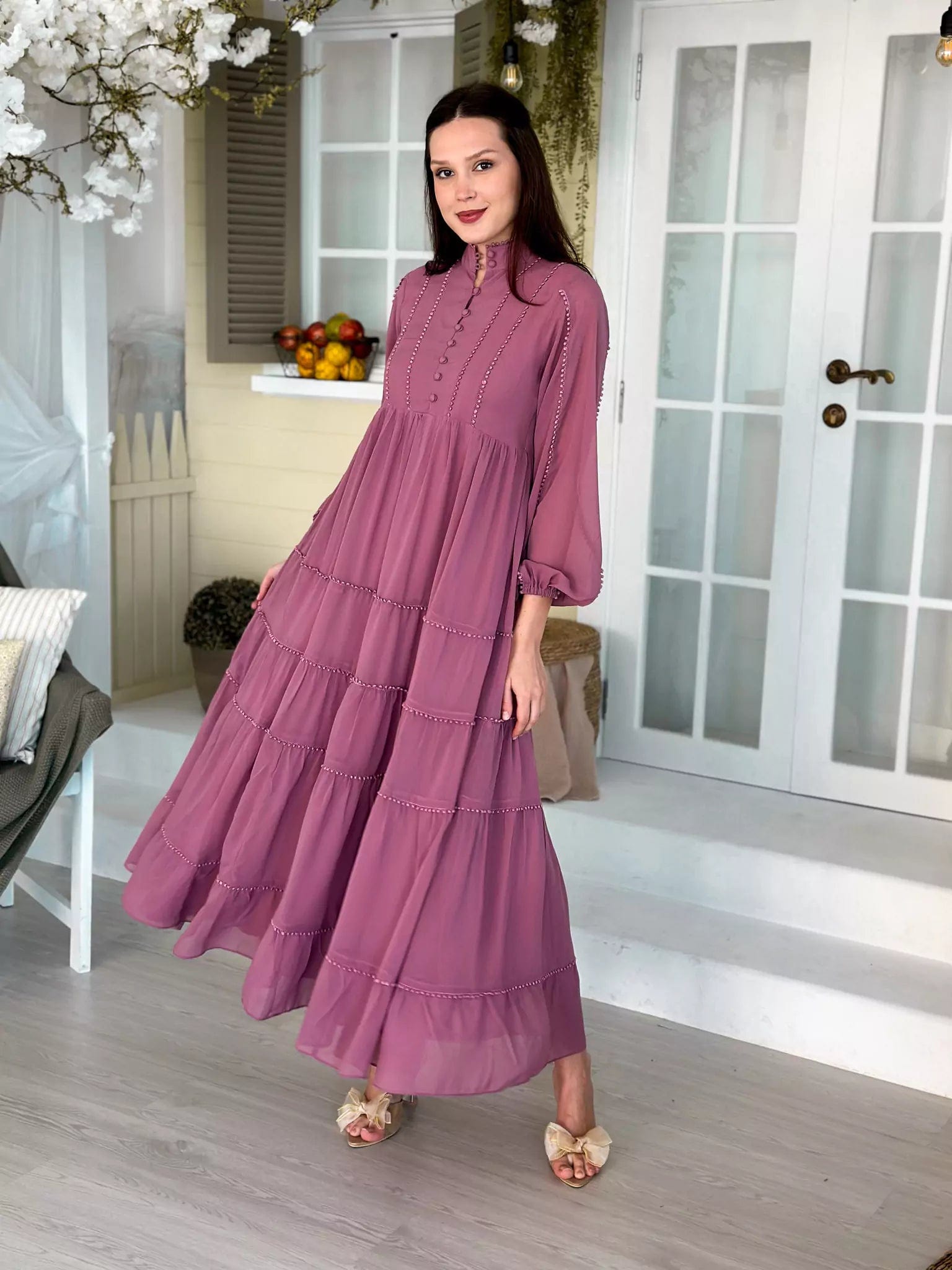 Amber Lace Solid Long Dress - Mauve Tunics Floral girly