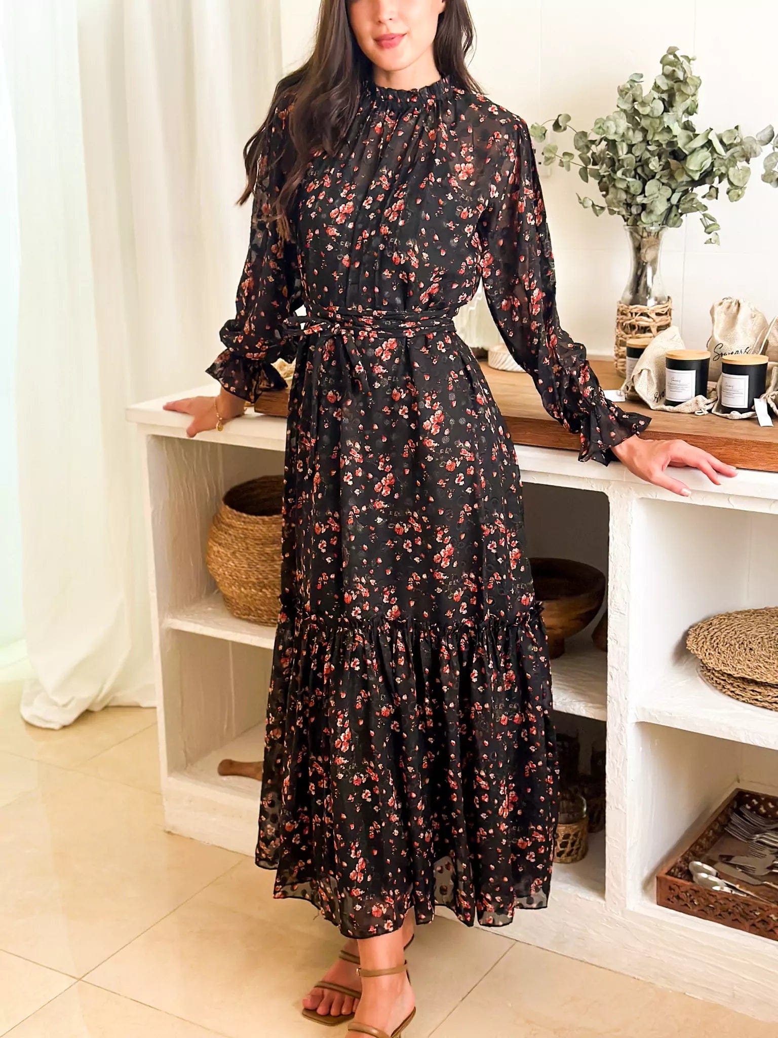 Black Petunia Long Dress Crew Neckline Casual