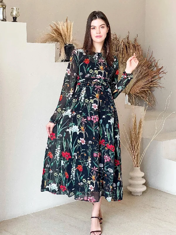 Black Rose Long Dress Tunics Satin smooth