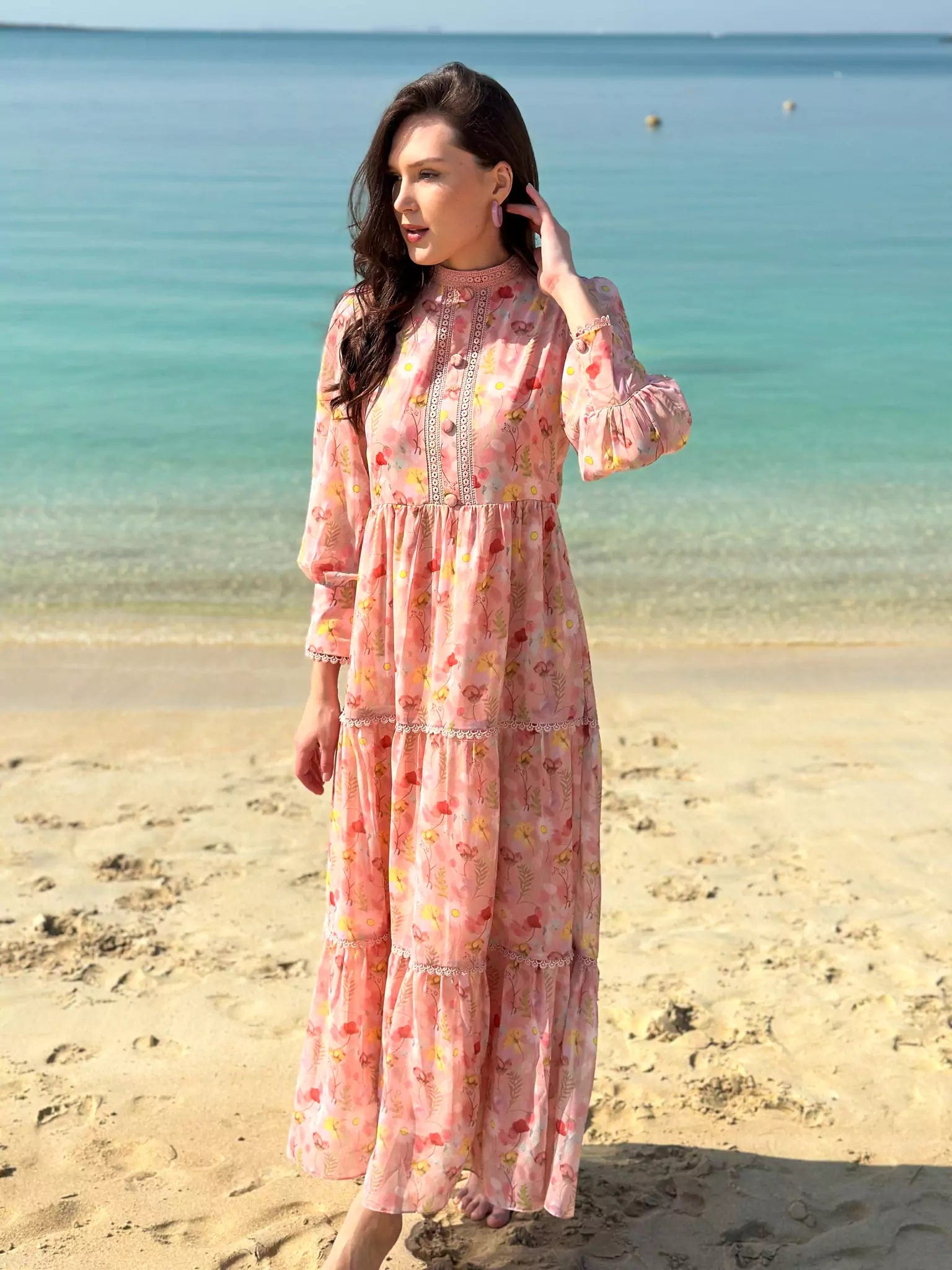 Hannah Lace Pastel Pink Floral Long Dress Halter Neckline Beach