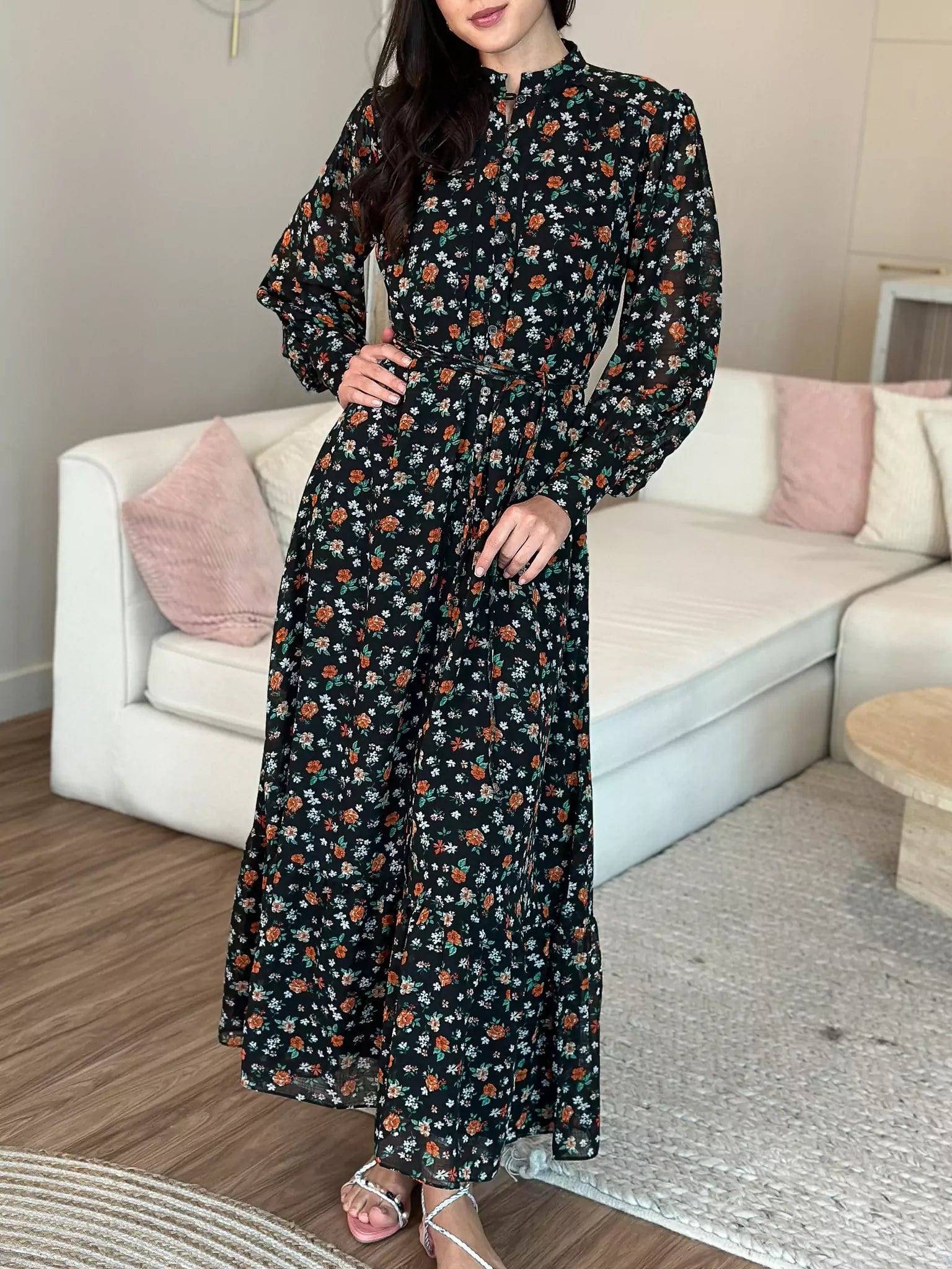 Marmalade Black Floral Long Dress Turtleneck Neckline Stylish