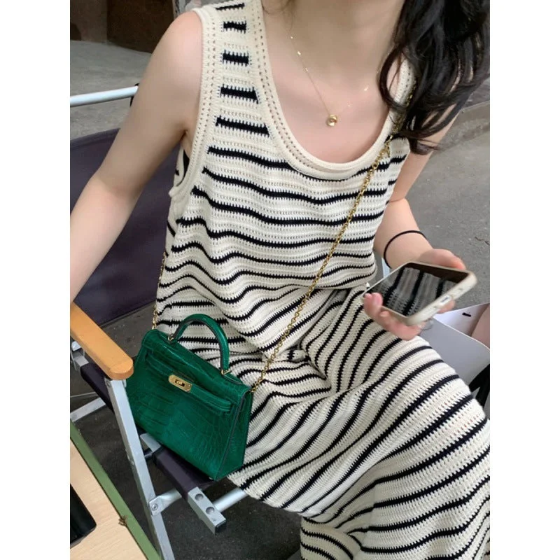 NiDELL Sleeveless Striped Knitted Dress Women's Loose Long Dress Split round-Neck . Summer New Slim-Fit Sleeveless Dress Tunics Versatile functional
