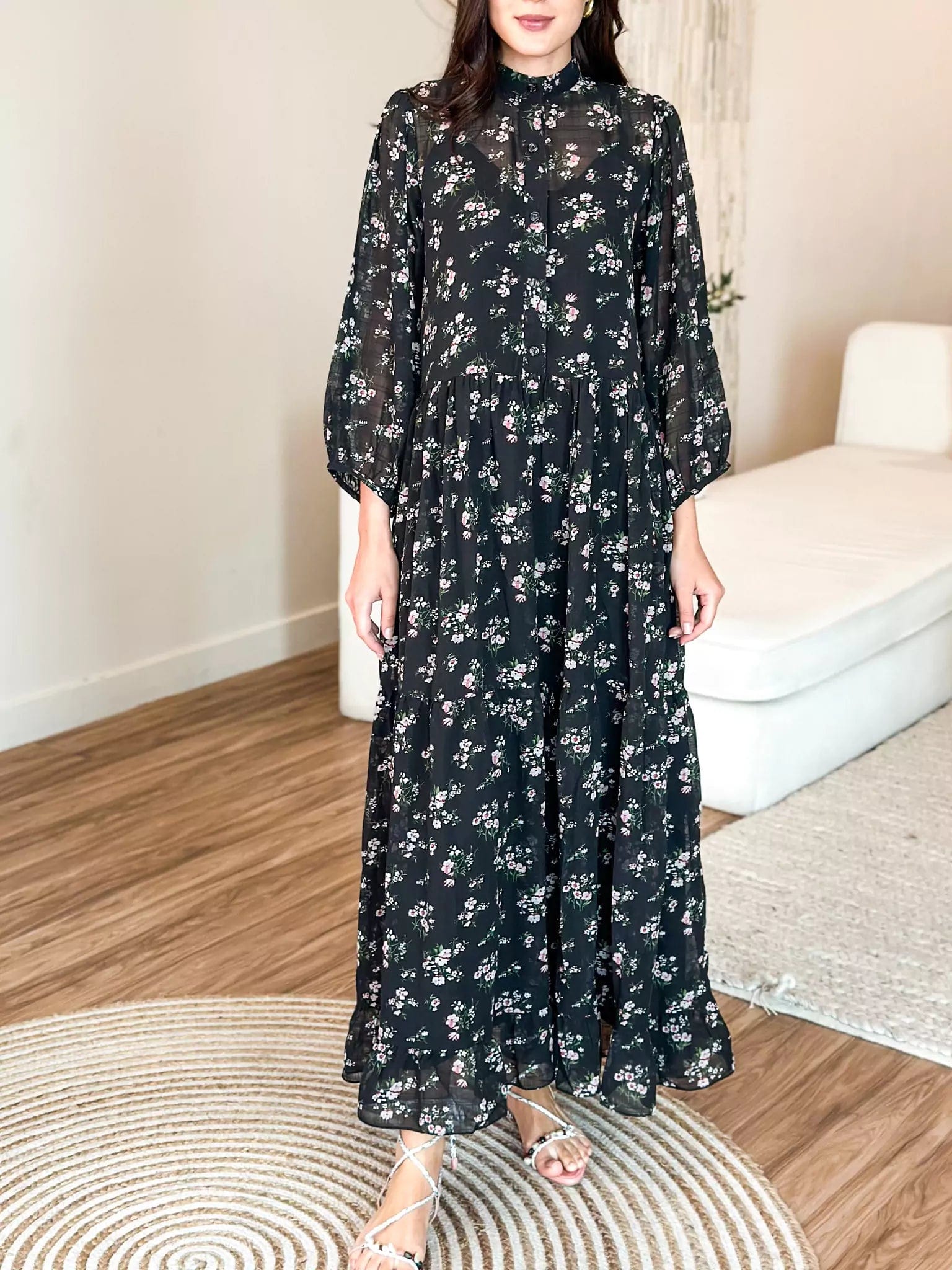 Pansy Black Floral Long Dress Tunic Top Casual