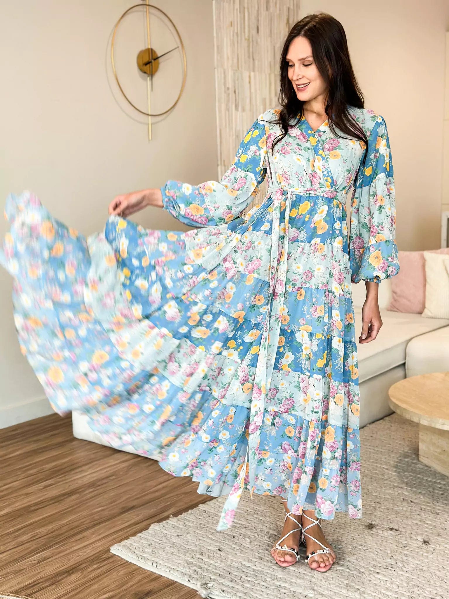 Quadra Blue Floral Long Dress sweetheart Neckline Romantic