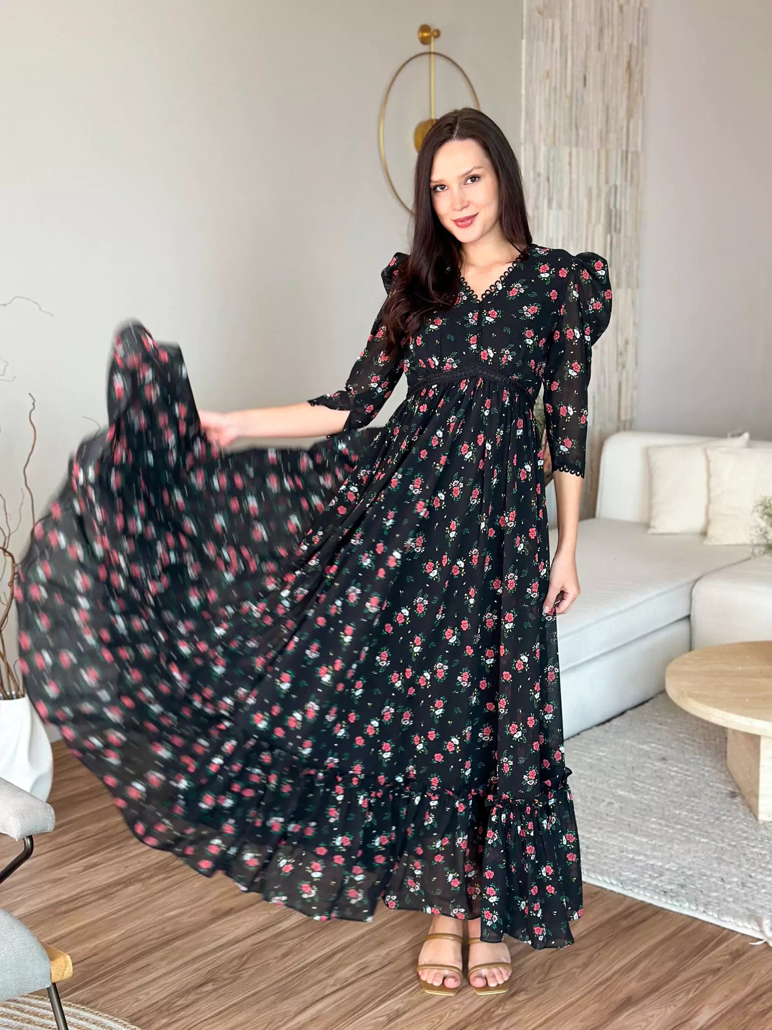 Raven Lily Floral Long Dress Boat Neckline Classic