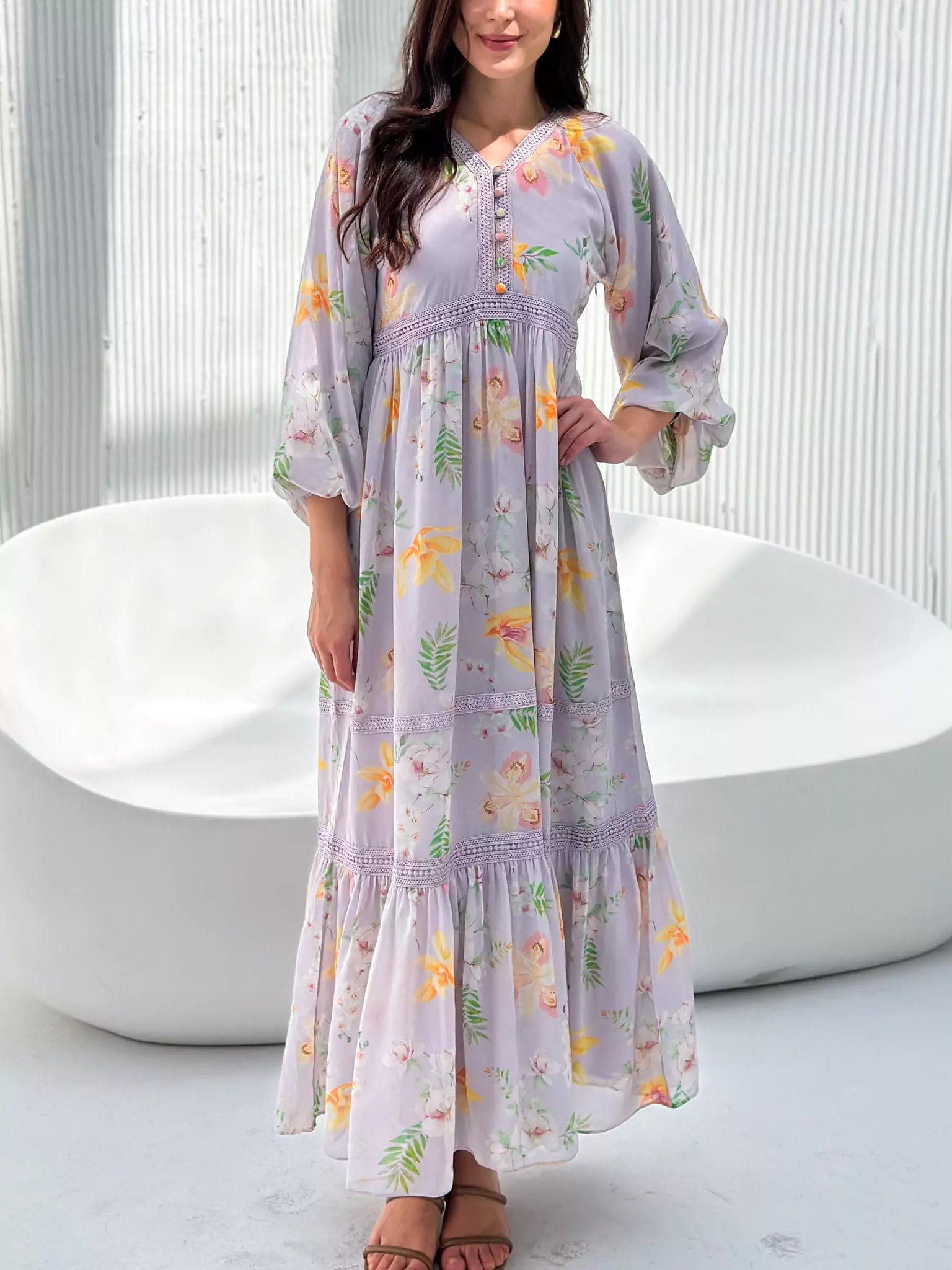 Veronica Lilac Floral Long Dress Tunics Stylish modern