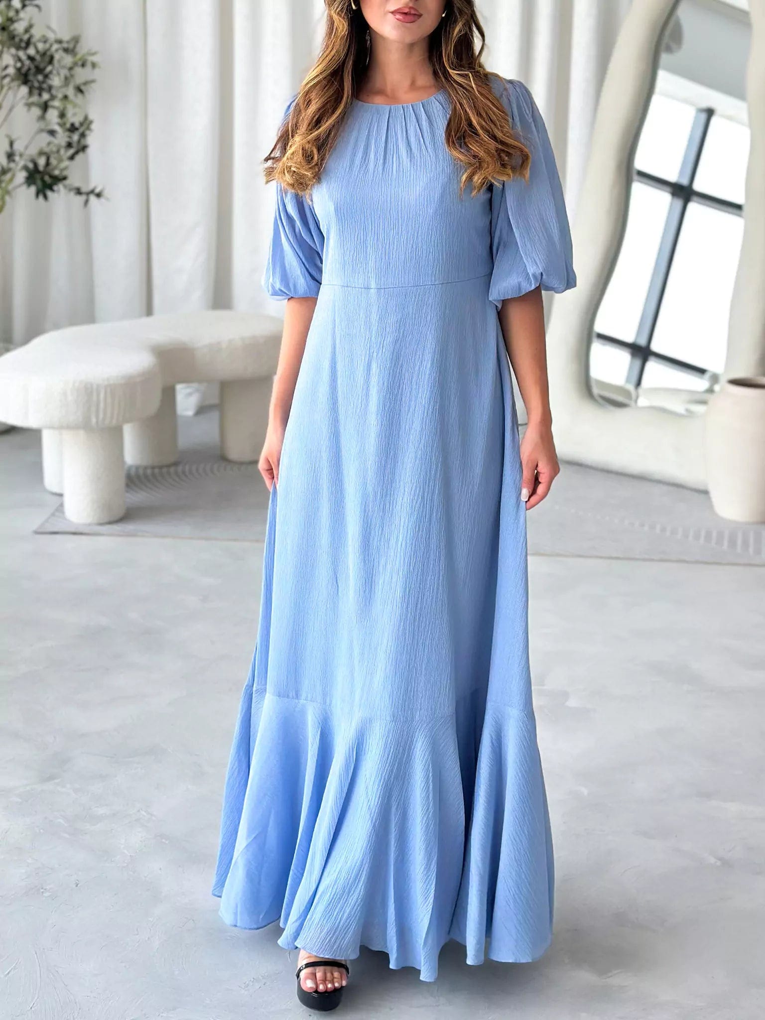 Whispering Petals Blue Solid Long Dress Tunics Trendy modern