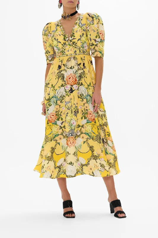 PUFF SLEEVE LONG DRESS WITH HARDWARE PATHS OF GOLD Tunics Sale discount