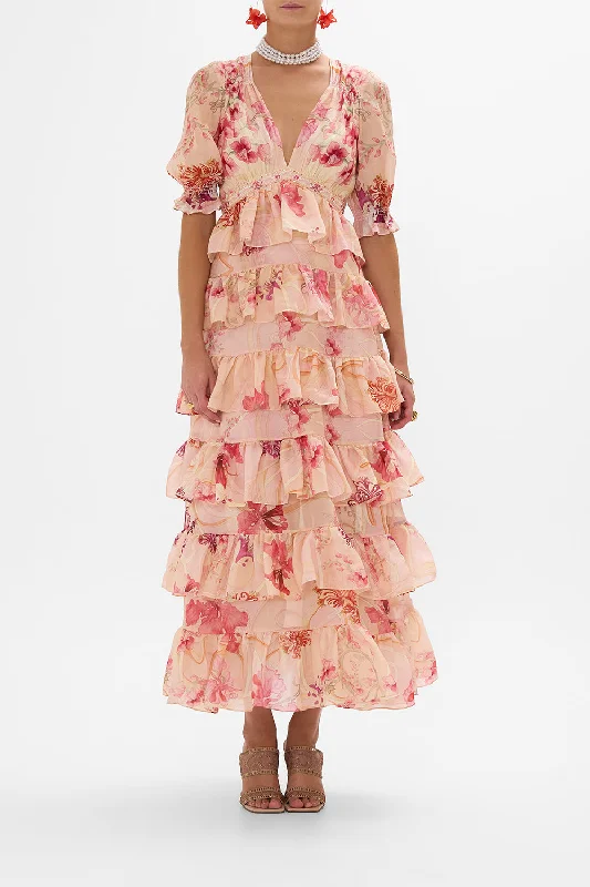 PUFF SLEEVE TIERED SKIRT LONG DRESS BLOSSOMS AND BRUSHSTROKES Tunics Essential wardrobe PUFF SLEEVE TIERED SKIRT LONG DRESS BLOSSOMS AND BRUSHSTROKES Tunics Essential wardrobe