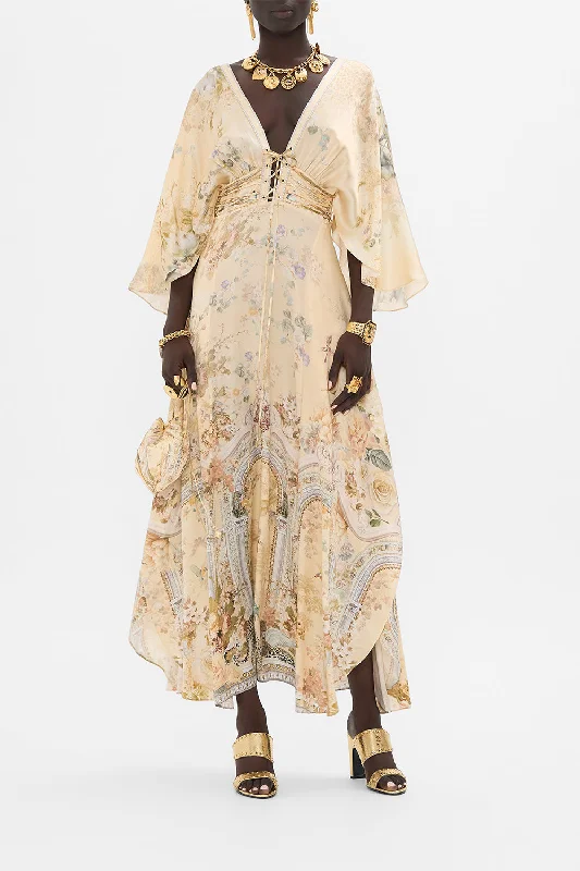V NECK LACE UP DETAIL LONG DRESS ADORNED IN ANTIQUITY Tunics Vintage classic