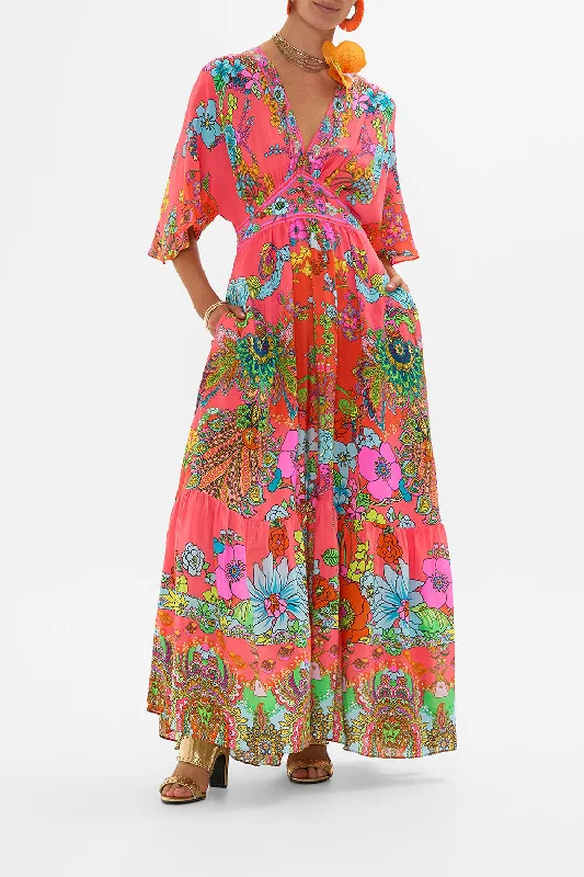 WAISTED DRESS WITH HEM RUFFLE WINDMILLS AND WILDFLOWERS Tunics Fashionable trendy