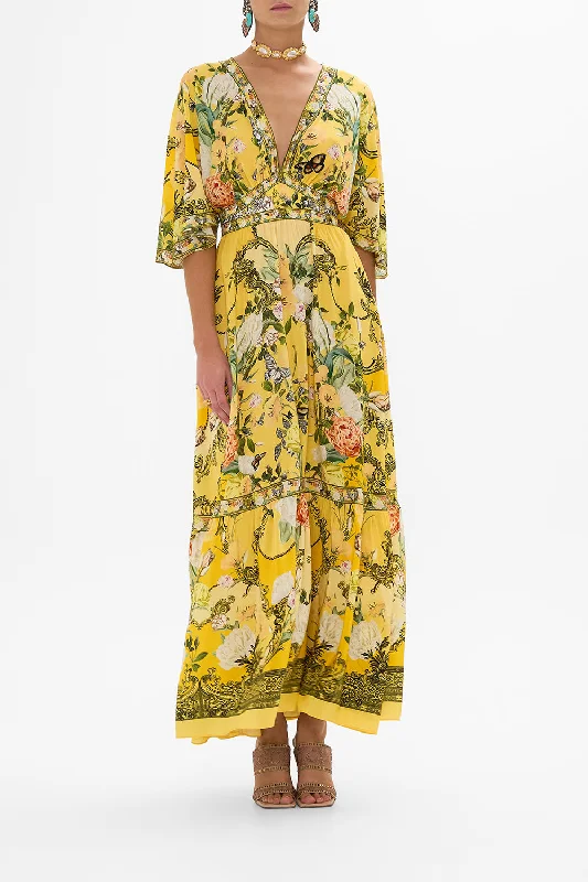 WAISTED DRESS WITH HEM RUFFLE PATHS OF GOLD Pencil Office Professional