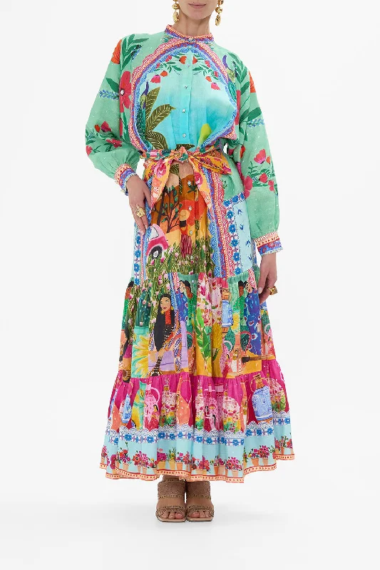 TIERED SHIRTDRESS WITH WIDE WAIST TIE QUEENS OF CREATION Crew Neckline Sporty