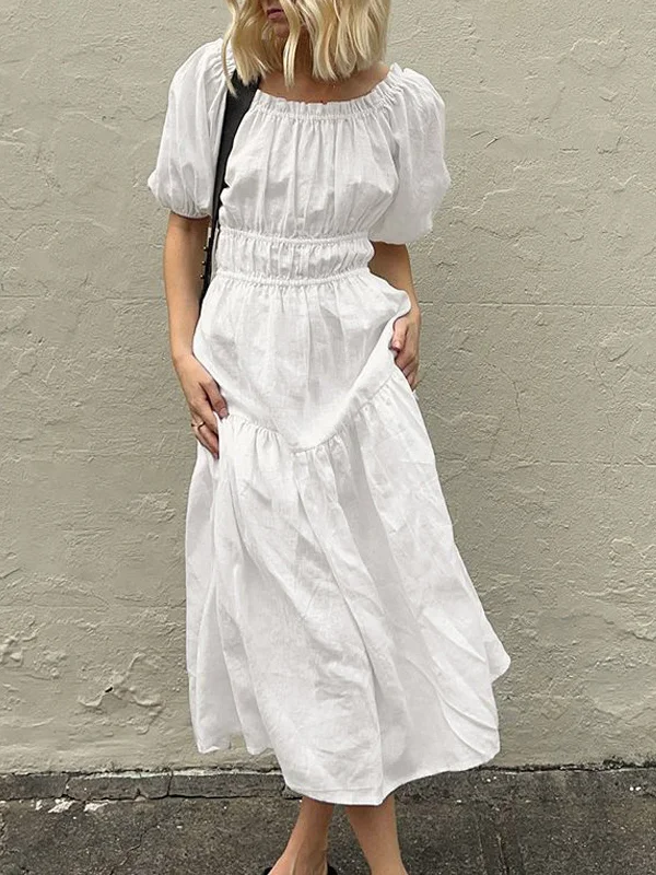 BerryBetty - Aeolian Puff Sleeve Cotton Long Dress Tunics Chinos classic