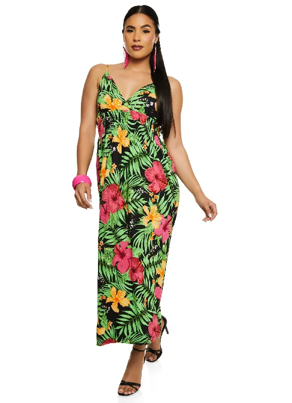 Tropical Print Smocked Waist Sundress Tunics stripes playful