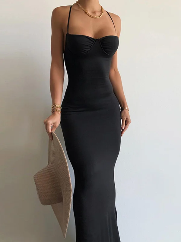 BerryBetty - Cup Details Open Back Long Dress Tunics Canvas sturdy