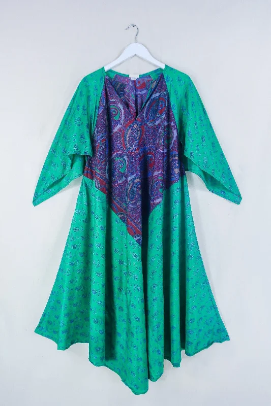 Goddess Dress - Midnight Lavender & Green Peacocks - Indian Pure Silk Sari - Free Size Tunics Wedding white Goddess Dress - Midnight Lavender & Green Peacocks - Indian Pure Silk Sari - Free Size Tunics Wedding white