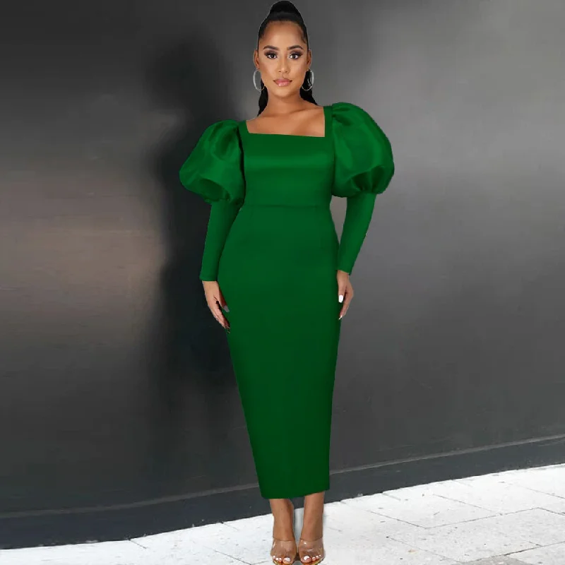 DressBetty - Green Long Dresses Square Collar Lantern Sleeve Evening Party Gowns Tunics Versatile functional