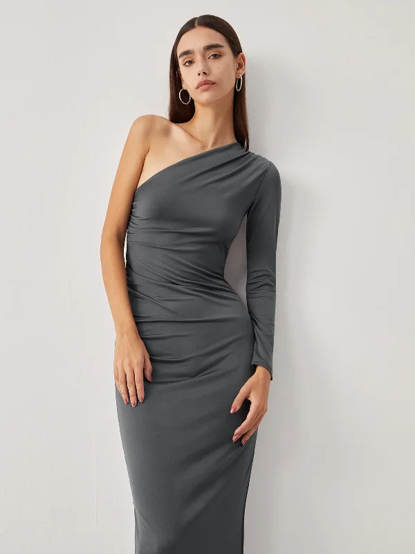 BerryBetty - One Sleeve Ruched Long Dress empire Waist empire