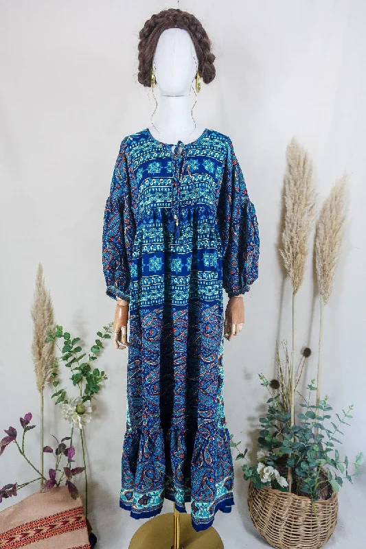 Poppy Smock Dress - Vintage Sari - Midnight Blue & Fiery Mosaic - S/M Tunics Denim casual