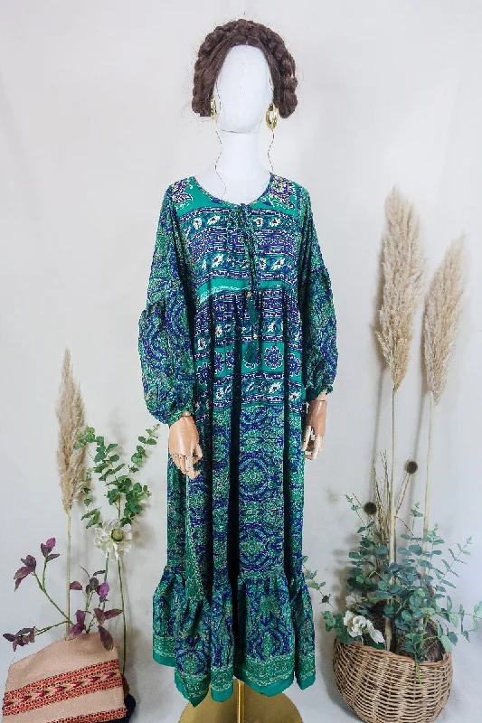 Poppy Smock Dress - Vintage Sari - Midnight Blue & Pine Tunics Distressed trendy