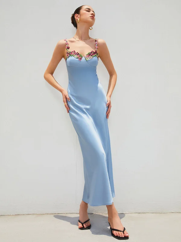 BerryBetty - Satin Floral Trim Zippered Long Dress Boatneck Modish Everyday