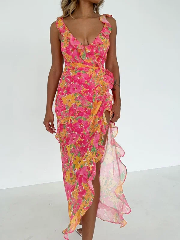 BerryBetty - Tropical Passion Floral Ruffle Long Dress Tunics Solid Classic