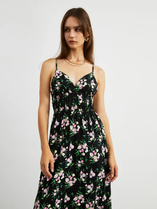 BerryBetty - Tulips Bouquets Foral Long Dress Boat Neckline Classic