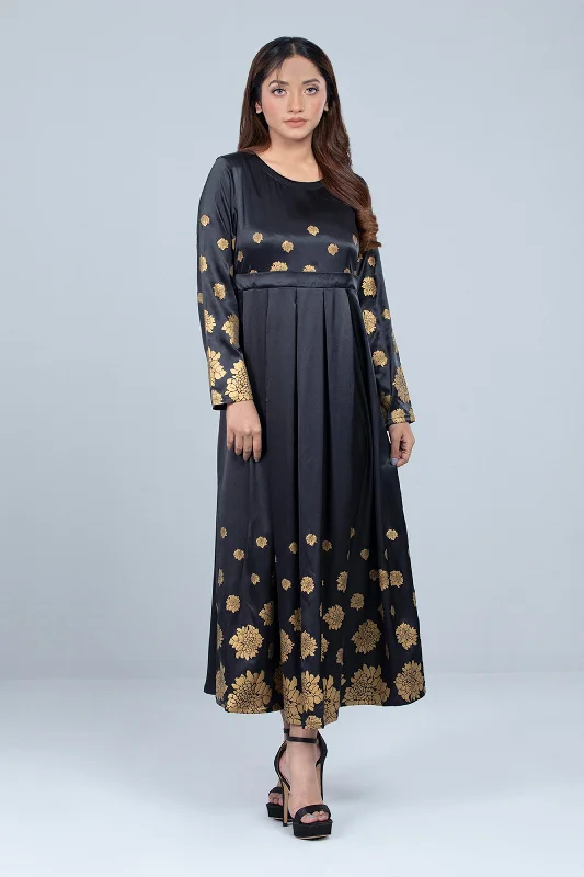 Midnight Bloom Golden Shimmer Long Dress Cowl Neckline Elegant