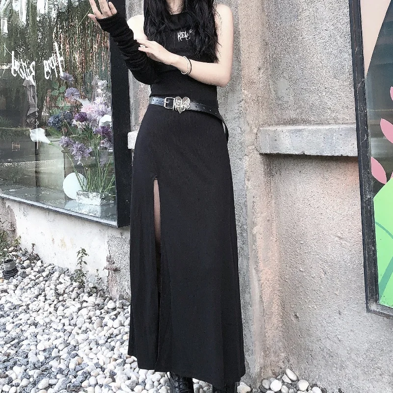 Women's Punk Irregular Slit Long Dress Shift Classic Vintage