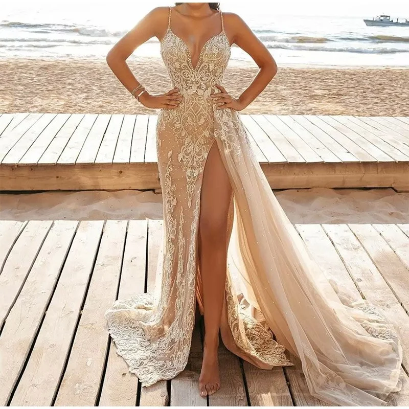 FashionSierra - Sleeveless V-Neck Slit Lace Cutout Long Dress Tunics Summer linen