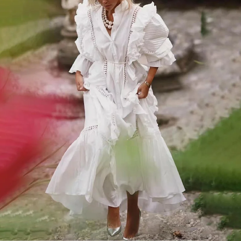 2021 Autumn and Winter New Ruffled Stitching Solid Color Hollow Stand Collar Single Breasted Long Dress Maxi Tunics Chinos classic