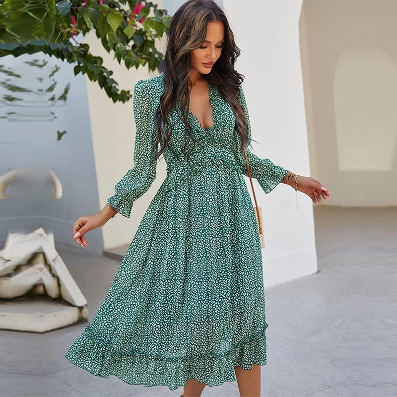 2021 New Spring Summer Women's Sexy V Neck Print Elegant Long Dress Ladies Butterfly Sleeve High Waist Vacation Dress Casual Short Summer