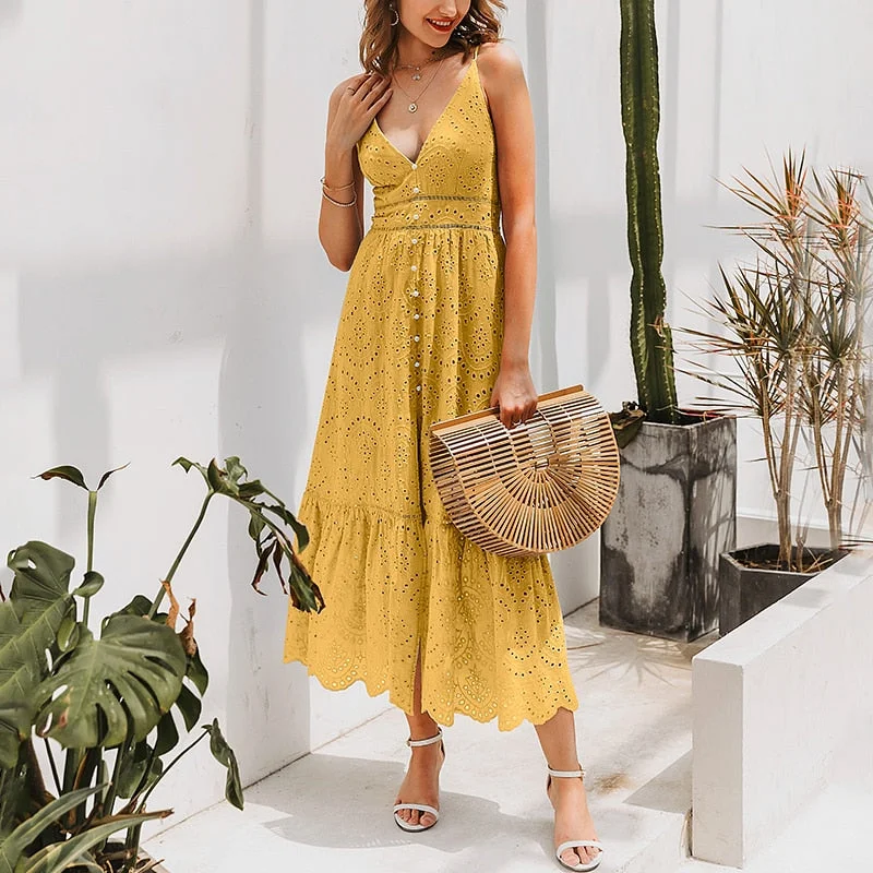 Sexy v neck cotton summer white dress women Elegant embroidery strap long dress Casual high waist button dress female Tunics Essential wardrobe Sexy v neck cotton summer white dress women Elegant embroidery strap long dress Casual high waist button dress female Tunics Essential wardrobe