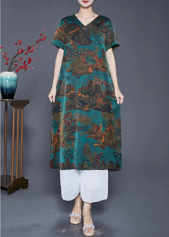 Art Dull Green V Neck Landscape Painting Silk Dress Summer Tunics Luxurious high-end