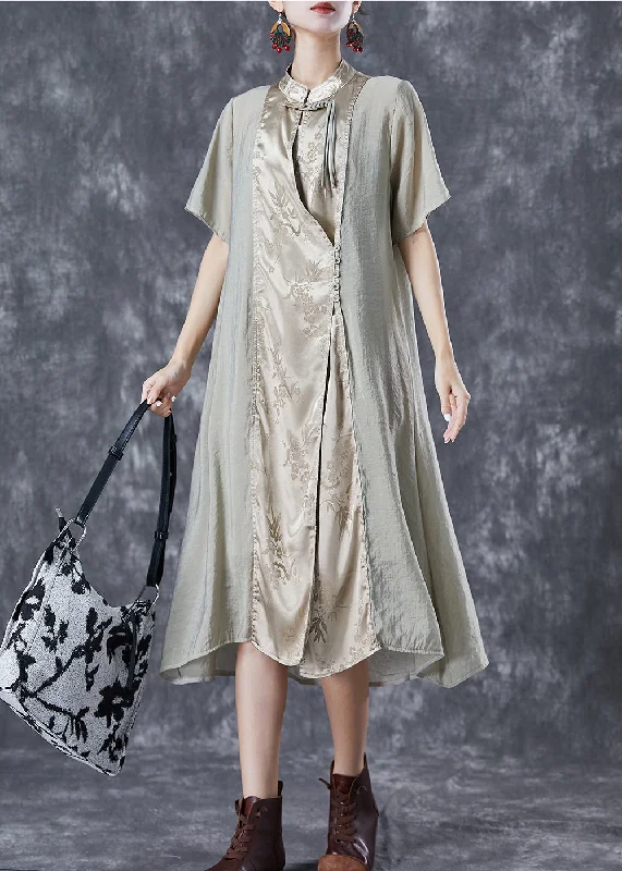 Art Mandarin Collar Chinese Button Patchwork Silk Long Dress Summer Tunics Corduroy durable Art Mandarin Collar Chinese Button Patchwork Silk Long Dress Summer Tunics Corduroy durable